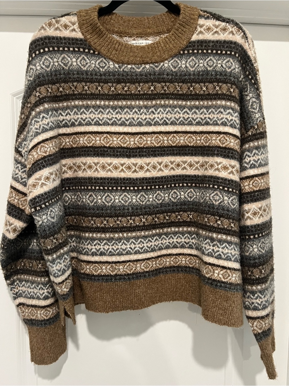 American Eagle Outfitters Fair Isle Crewneck Sweater in Brown, Gray & Cream